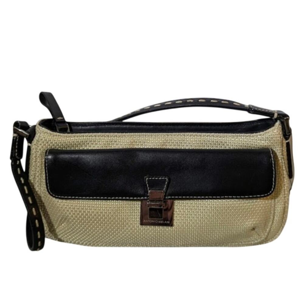 Antonio Melani Straw Leather Shoulder Bag Cream Black Baguette Vintage Style